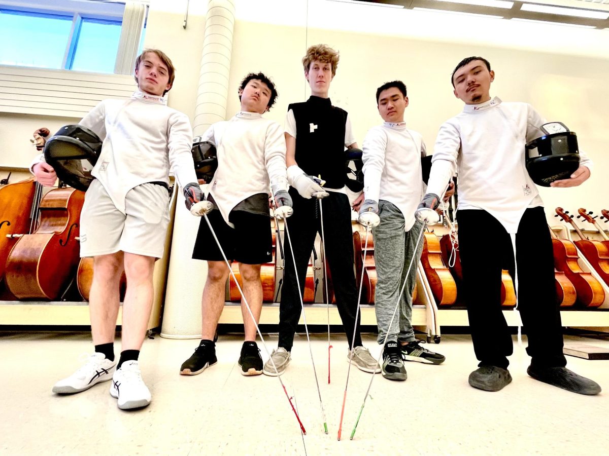 (L-R). Elijah Bauer, Dorjee Wangdu, Jackson Toews, Tom Chi, and Rhythm Wailba at Mounds View Fencing Club 